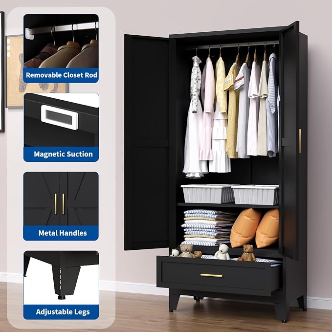 Steel Armoire Wardrobe Closet, 71" Metal Clothing Storage Cabinets with 2 Doors, 1 Drawer and Adjustable Shelves, Black Wardrobe Cabinet with Hanging Rod for Bedroom, Gym