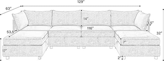 129-Inch U-Shaped 6 Seat Modular Sofa Deep Seat Storage Sectional Sofa Couch Free Combination with Movable Ottomans ,6 Seat Chenille Upholstered U-Shaped Convertible Sleeper Couch for Home Apartment | Space Saving