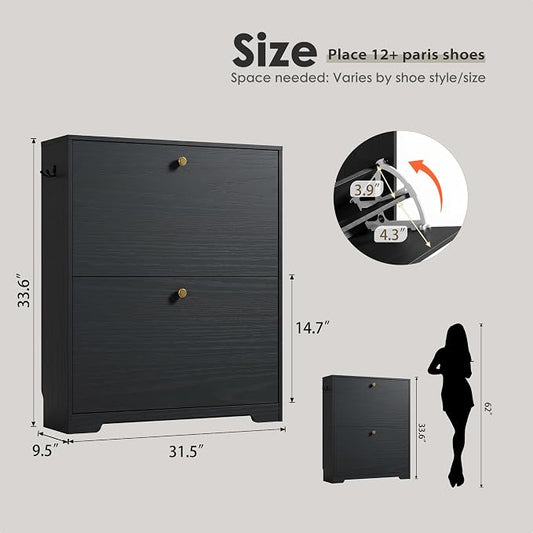 Nicetree Shoe Cabinet with 2 Flip Drawers, Narrow Shoe Organizer Cabinet, Freestanding Shoe Rack Cabinet, Modern Shoe Storage Cabinet for Entryway, Hallway, Foyer, Black with Hook