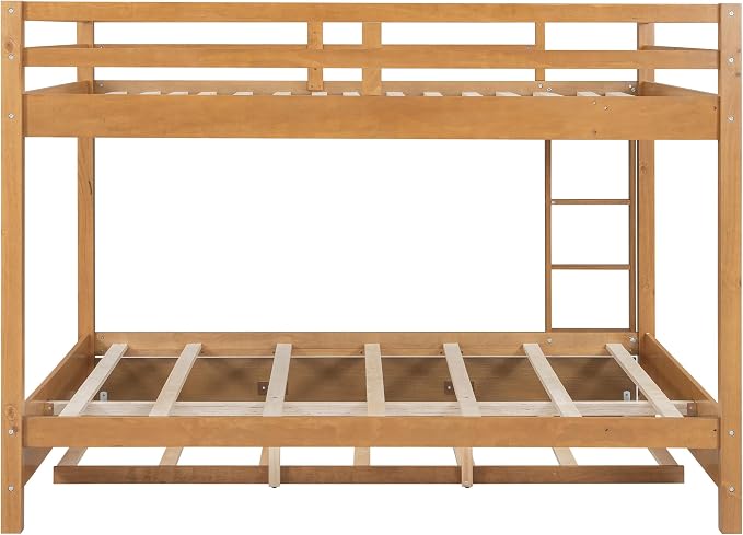 MERITLINE Queen Over Queen Bunk Bed with Twin XL Trundle, Solid Wood Bunk Bed with Ladders and Guardrails for Adults (Natural Wood)