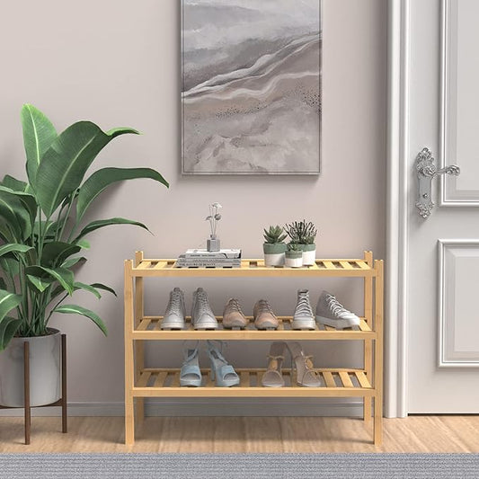 ROMGUAR CRAFT (Thick Bamboo Shoe Rack for Entryway, 3-Tier Free Standing Shoe Racks Stackable Shoe Rack Organizer for Hallway Closet Living Room 27 x12 x21 Inches
