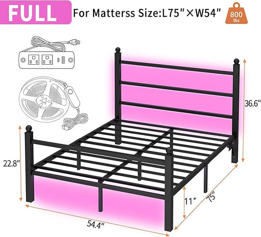 CLIBFENG Full Size Bed Frame with Headboard and Footboard,Steel Slats Support-LED Bed Frame with Charging Station,Mattress Foundation-Under Bed Storage, No Box Spring Needed,Noise Free,Black