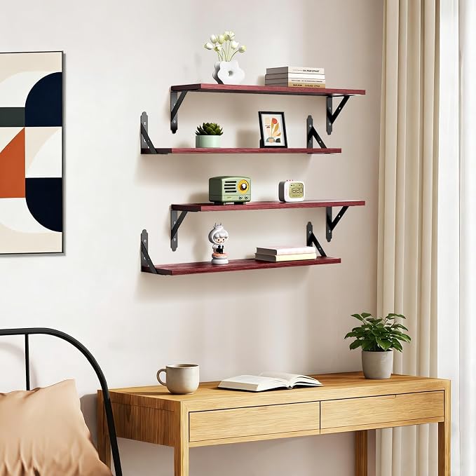 ROMGUAR CRAFT Wood Floating Shelves Set of 4, Rustic Storage Decor Wall Shelves, Wall Mounted Shelf for Living Room, Bedroom 23.6" x 6", Red