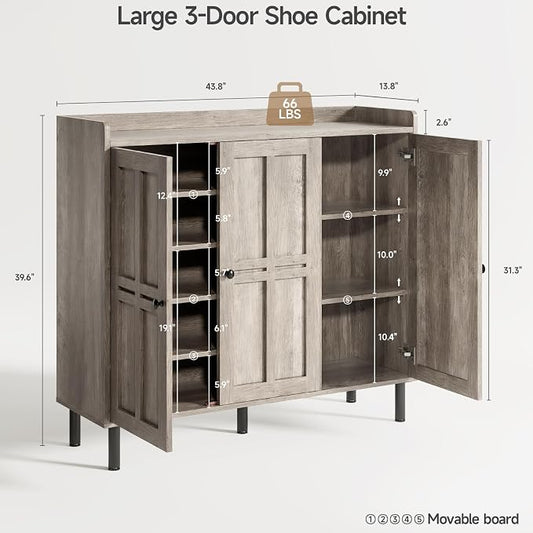 ONBRILL Shoe Cabinet with 3 Doors and Adjustable Shelves, 30 Pairs Shoe Storage Cabinet, 40 Inch Tall Farmhouse Shoe Rack Shoe Organizer Cabinet for Entryway Living Room Closet, Gray Wash
