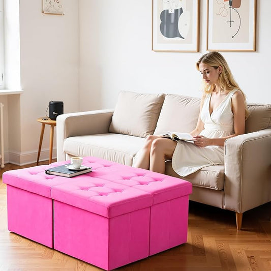 AmasSmile® Storage Ottoman Foot Rest Stool, 34 inch Velvet Footstool Bench, Short Ottoman Stool, Small Folding Storage Ottoman Store Books, Records, Rose