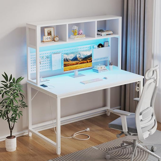 White Gaming Desk with Hutch and Pegboard - Computer Desk with Hutch, Power Outlet, 47 Inch Art Desk with Storage, Hooks, RGB and Side Bag, Writing Modern Study Teen Desks for Girl Bedroom Home Office