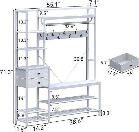 Gyfimoie 7-in-1 White Hall Tree with Bench and Shoe Storage, 55" Wide Entryway Coat Rack with Shoe Storage Shelves & Drawers, Mudroom Bench with Seating and Hooks for Hallway, Entrance