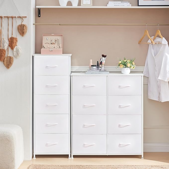 Somdot Tall Dresser for Bedroom with 5 Drawers, Storage Organizer Chest of Drawers with Removable Fabric Bins for Closet Bedside Living Room Laundry Entryway Hallway, White Leather
