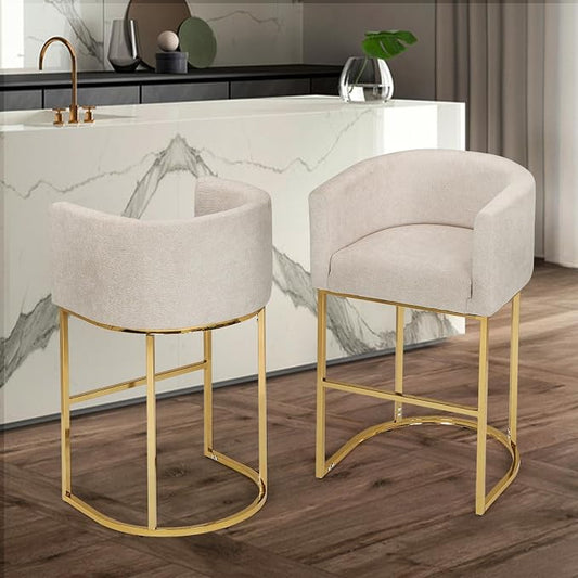 Athena Collection Counter Height Bar Stools Set of 2, 29 Inches Upholstered Barstool Set of 2 with Back and Metal Base, Modern Bar Stool Chairs for Kitchen Island, Dining Room, White