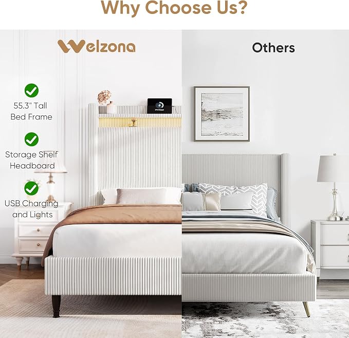 Queen Bed Frame with Tall Headboard, 55.3" Upholstered Platform Queen Size Bed Frame, Elegant Corduroy Wingback Bed with LED Lights & Charging Station, No Box Spring Needed, Solid Wood Slats, Cream
