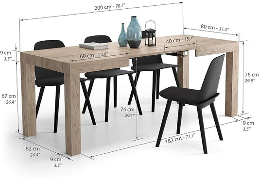 Mobili Fiver, First Extendable Table, 47.2(78.7) x31.5 in, Oak, for 6-8 People, Expandable Dining Table for Kitchen, Living Room, Italian Furniture