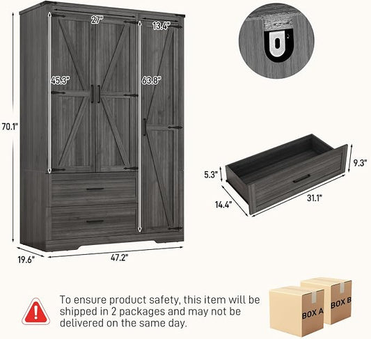 Hlivelood 3 Doors Wardrobe Armoire Closet with Doors and Drawers, Farmhouse Wooden Armoire Storage Cabinet with Shelves & Hanging Rod for Bedroom, Grey