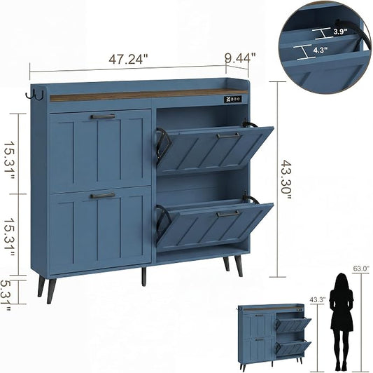 ChooChoo Shoe Storage Cabinet with 4 Flip Drawers, Deodorizing Shoe Organizer Storage for Entryway, Freestanding Hidden Slim Narrow Shoe Rack Cabinet, Blue