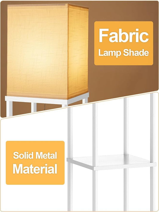 Floor Lamp with Shelves for Living Room White, Shelf Floor Lamp with 3 CCT LED Bulb, Corner Display Standing Column Lamp Etagere Organizer Tower Nightstand with White Linen Shade for Bedroom, Office