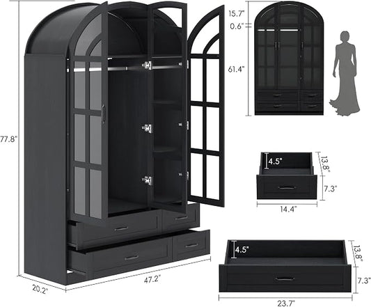 Squireewo 78" Arched Armoire Wardrobe Closet with Motion Sensor LED Light, 3 Windowpane Glass Doors & 4 Drawers, Large Wood Bedroom Storage Cabinet, Clothing Organizer with Hanging Rod, Black