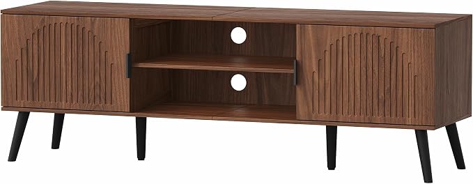 ChooChoo TV Stand for Living Room, Mid Century Modern TV Stand for 65 Inch TVs, Entertainment Center with Storage Cabinet and Open Shelves, TV Console Table Media Cabinet for Bedroom, Walnut