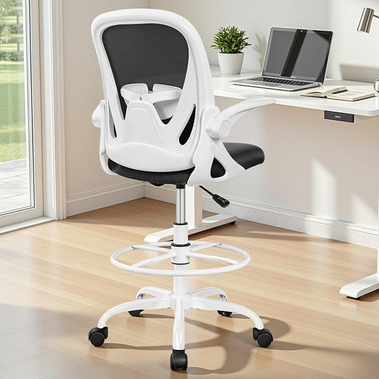 Primy Ergonomic Drafting Chair with Flip-up Armrests Tall Office Chair for Standing Desk Comfortable Desk Chair with Adjustable Footrest Ring and Lumbar Support in Gray Perfect for Home (White)