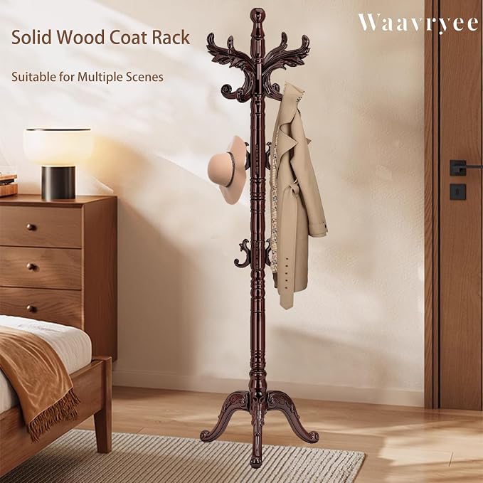 Wooden Coat Rack Stand, Natural Birch Wood Coat Rack Freestanding with Triangular Base, Sturdy Solid Wood Coat Racks with 14 Hooks, Vintage Coat Hall Clothes Tree for Entryway, Office, Corner