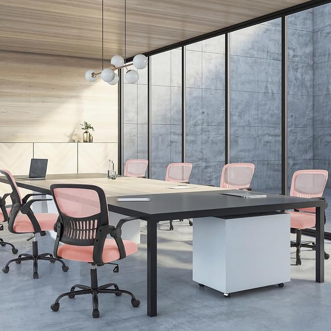 Sweetcrispy Home Office Managerial Executive Chair, Flip Up Armrest Ergonomic Mesh Adjustable Swivel Mid-Back Computer Desk Chair with Comfortable Lumbar Support, Comfy Arms for Bedroom,Blak&Pink