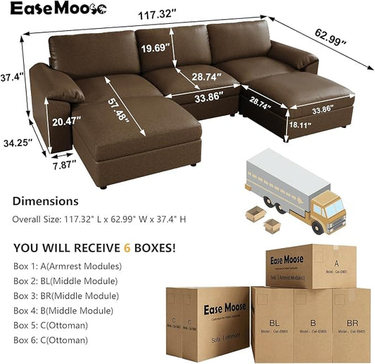 EASE MOOSE Deep Seat Sectional Couch, Scratch Resistant Faux Leather Material, 5-Seat Oversized Modular Sofa for Living Room,U Shaped Classic Comfy Sofas for Living Room,Deep Brown
