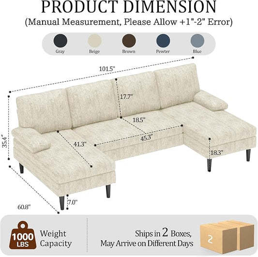 Korser U-Shaped Sectional Couches for Living Room, 101 Inch Modern Modular Sofa with Double Chaise Lounge, Comfy Chenille Fabric 4-Seat Couch Set for Apartment, Beige