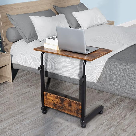 TV Tray Bed Side Table, Portable Rolling Desk Hospital Bed Laptop Table, Small Standing Desk with Wheels Adjustable Height for Sofa, Bedside, Tablet Use, Secure Non Tilt, 23.6" W, Brown