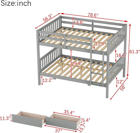 Ball & Cast Full Over Full Wood Bunk Bed for Kids,Convertible Storage Bunk Bed with Two Storage Drawers and Ladder,Can Be Divided Into Two Full Size Daybeds,No Box Spring Required,Grey