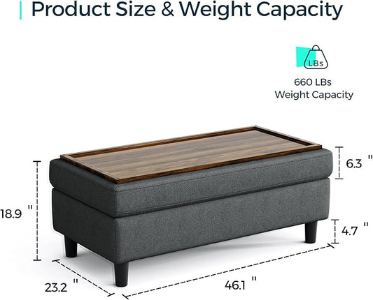 LINSY HOME 46 Inches Wide Storage Ottoman Bench, Linen Coffee Table Long Shoes Bench Footstool, Storage Chest, Foot Rest Stool, for The Living Room, Entryway and Family Room, Dark Gray