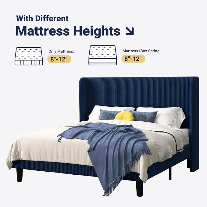 Allewie Full Size Bed Frame with Upholstered Wingback Headboard, Vertical Channel Tufted Corduroy Velvet Platform Bed, Strong Wooden Slats Support, No Box Spring Needed, Easy Assembly, Dark Blue