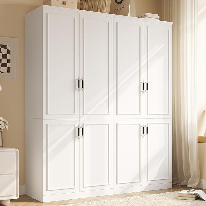 MEISSALIVVE Armoire Wardrobe Closet with 4 Door, 74.8" Large Wardrobe Cabinet with Hanging Rod, Freestanding Modern Bedroom Armoire Storage Cabinet, White