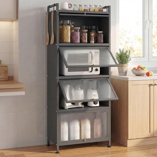 Giantex 5-Tier Kitchen Storage Cabinet, Freestanding Metal Pantry Cabinet w/ 4 Flip-up PC Doors, 4 Hooks & Adjustable Feet, 60” Tall Bakers Rack Microwave Stand for Dining Room, Living Room, Grey