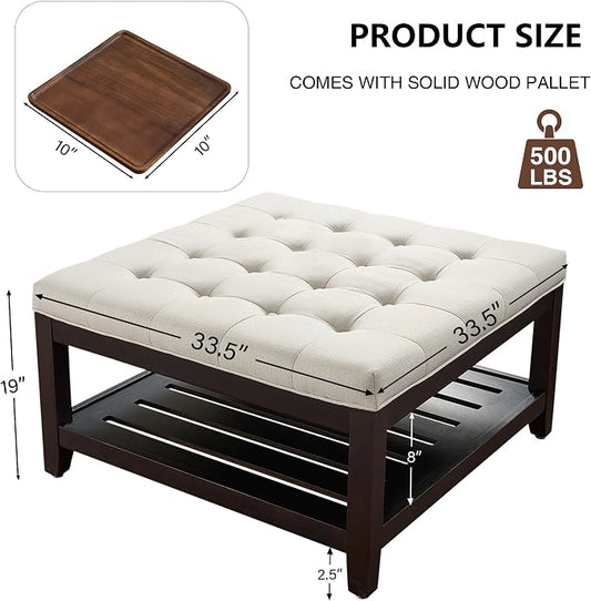 adochr 33'' Large Square Ottoman Coffee Table with Storage, Upholstered Button Tufted Footrest Ottoman with Solid Wooden Tray,Coffee Table for Living Room, Beige