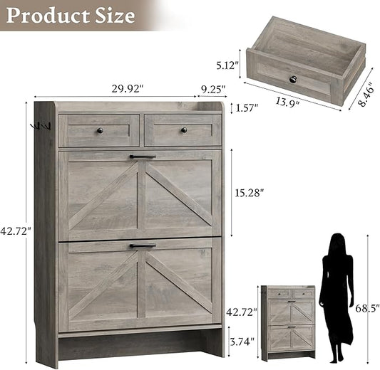 BORNOON Shoe Storage Cabinet for Entryway, Farmhouse Narrow Shoe Cabinet with 2 Flip Drawers & Top Drawers, Adjustable Shelves & Hooks, Freestanding Hidden Rack Organizer for Hallway, Foyer