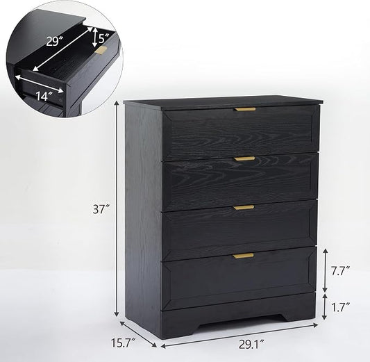 4 Drawers Dresser, Wooden Dresser for Bedroom with Large Drawer and Gold Handles Storage Chest Cabinet Organizer Living Room Closet Hallway, Black
