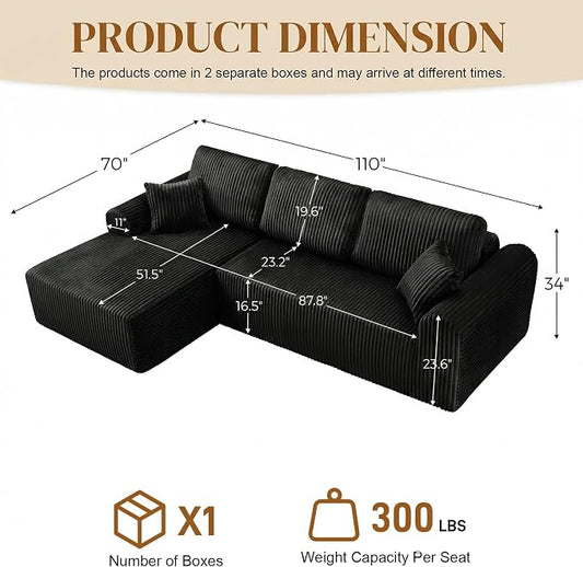 110" L Shaped Boneless Sectional Couches for Living Room, Comfy Corduroy Floor Cloud Sofa with Chaise, Wide Armrest, Deep Seat, Memory Foam, Assembly Free, Ideal for Small Spaces, Black