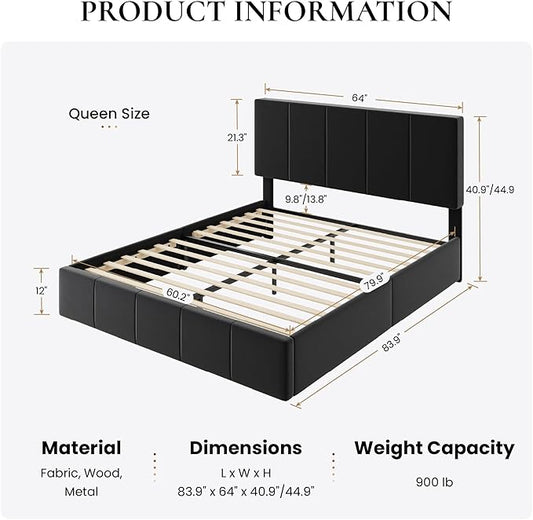 SHA CERLIN Queen Bed Frame, Dutch Velvet Upholstered Platform Bed, Vertical Channel Tufted Adjustable Headboard, Low Profile Bed Frame, No Box Spring Needed, Easy Assembly, Black