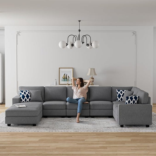 Legend Vansen Oversized Modular Sectional Sofa,U/L‑Shaped Reversible Couch with Ottoman,Deep Seat Plush Polyester Sofa for Living Room,9‑Seater,Dark Grey