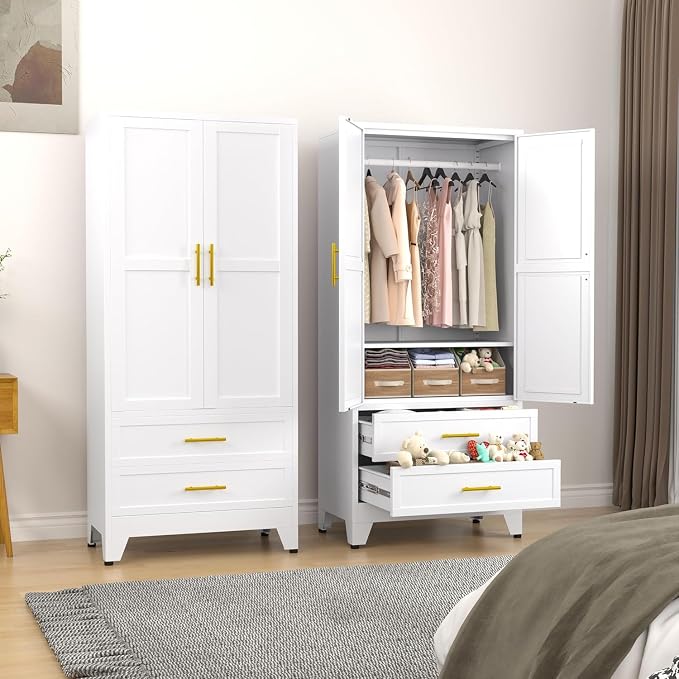 erosoei Metal Armoire Wardrobe Closet, 71 "Metal Clothing Storage Cabinet | with Adjustable Shelves and Hanging Rod, Household Steel Wardrobe Storage Cabinet with Drawers (armoire-white)
