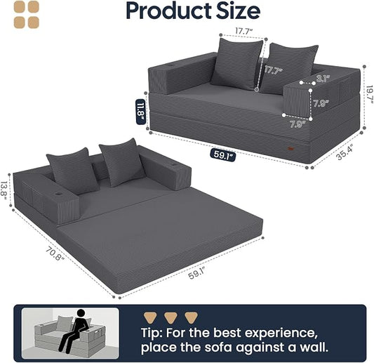 COMAX Futon Sofa Bed, Convertible Sofa Bed, Folding Boneless Couches | Boneless Couch for living room, 4‑in‑1 Fold Out Small Foldable Loveseat Floor Sleeper Mattress Lounge Space‑Saving, Grey