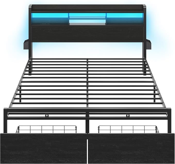 Furnulem King Bed Frame with Wood Headboard & Storage Drawers, Metal Platform Bed Frames King Size with LED Lights, Built in Charging Station, No Box Spring Needed, No Noise, Easy Assembly, Black