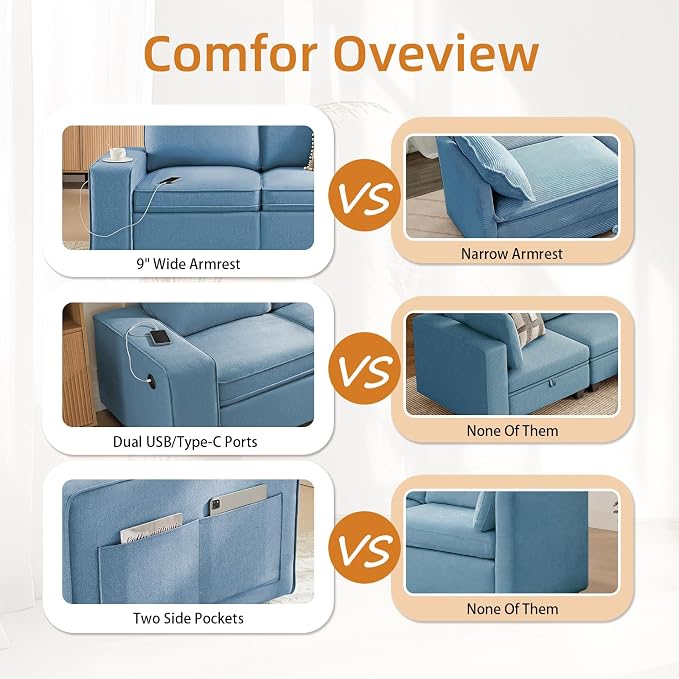 Waxberry 71" Chenille Loveseat Sofa Couch for Living Room with Seat Storage, Modern 2-Seater Deep Seat Sofa with Side Pockets & Type-C/USB Ports, Detachable Backrest for Office, Apartment (Blue)