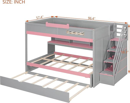 Wood Bunk Bed Full Over Full Size with Storage Staircase and Shelves, Bunk Beds Frame with Trundle and LED for Kids Teens, Space-Saving (Gray-12.15)