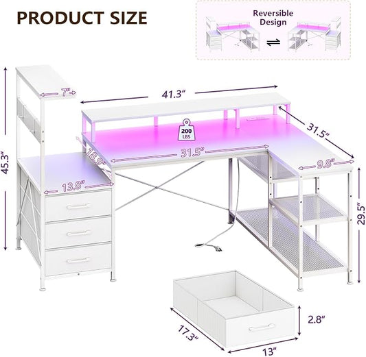 YOMILUVE White Gaming Desk with Drawers & Storage Shelves, L-Shaped Gaming Desk with Power Outlets & LED Light, Reversible Computer Desk with Monitor Stand & Hooks for Home Office