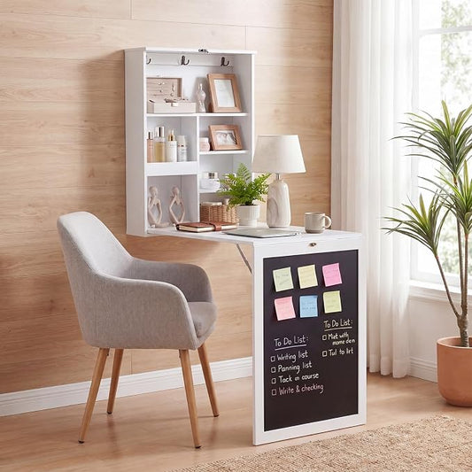 Tangkula Foldable Wall-Mounted Desk, Floating Desk with Chalkboard, Storage Shelves & Hooks, Space-Saving Murphy Table for Home Office, Bedroom, Dorm Room, Small Spaces