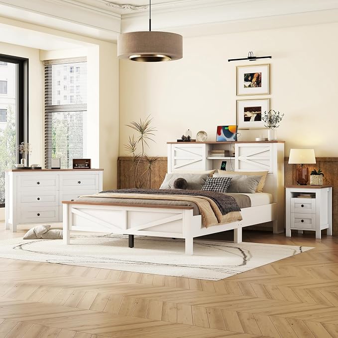 Farmhouse 3-Pieces Bedroom Sets, Queen Size Wood Platform Bed with Nightstand and Dressing Table, Queen Beds Frame with Double Sliding Door Headboard and Charging Station (White, Queen)