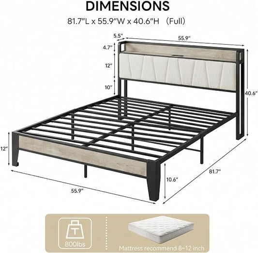 LIKIMIO Full Size Bed Frame with Storage Headboard & Charging Station | Upholstered Headboard, Storage Shelf, Solid and Stable, Noise Free, No Box Spring Needed, Easy Assembly (Walnut and Beige)