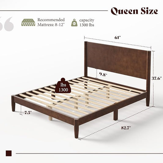 AMERLIFE Solid Wood Queen Bed Frame, Mid Century Modern Platform Bed with Full Panel Headboard, Wooden Bed with Cylindrical Legs, No Box Spring Needed & Noise-Free, Under-Bed Storage, Dark Walnut