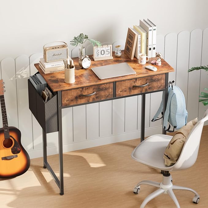 DUMOS 32" Small Home Office Computer Desk with Drawers, Gaming Writing Study Table with Storage Side Bag, Headphone Hook and Adjustable Feet for Bedroom and Escritorio, Brown