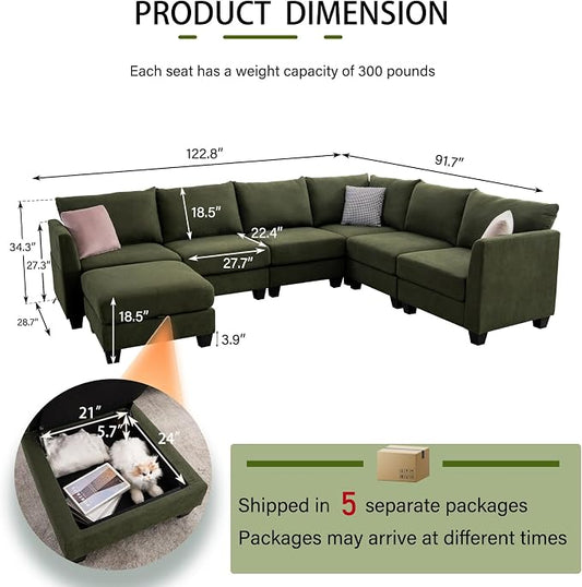 122.8" Large Sectional Couches for Living Room, 6 Seater L Shaped Modular Sectional Sofa with Storage Ottoman & USB, Oversized Corner Couch for Living Room(Green)