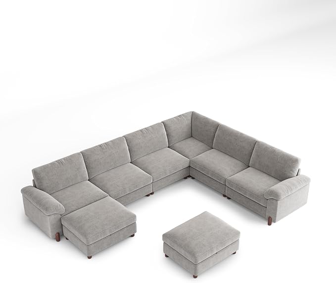 SITJOY Large Cloud Couch, 138" Wide 6 Seater V Shape, Light Gray Chenille | Detachable and Washable Chenille Cover Sectional Sofas for Living Room, Deep Seat Wide Couch with Chaise, Storage Ottoman